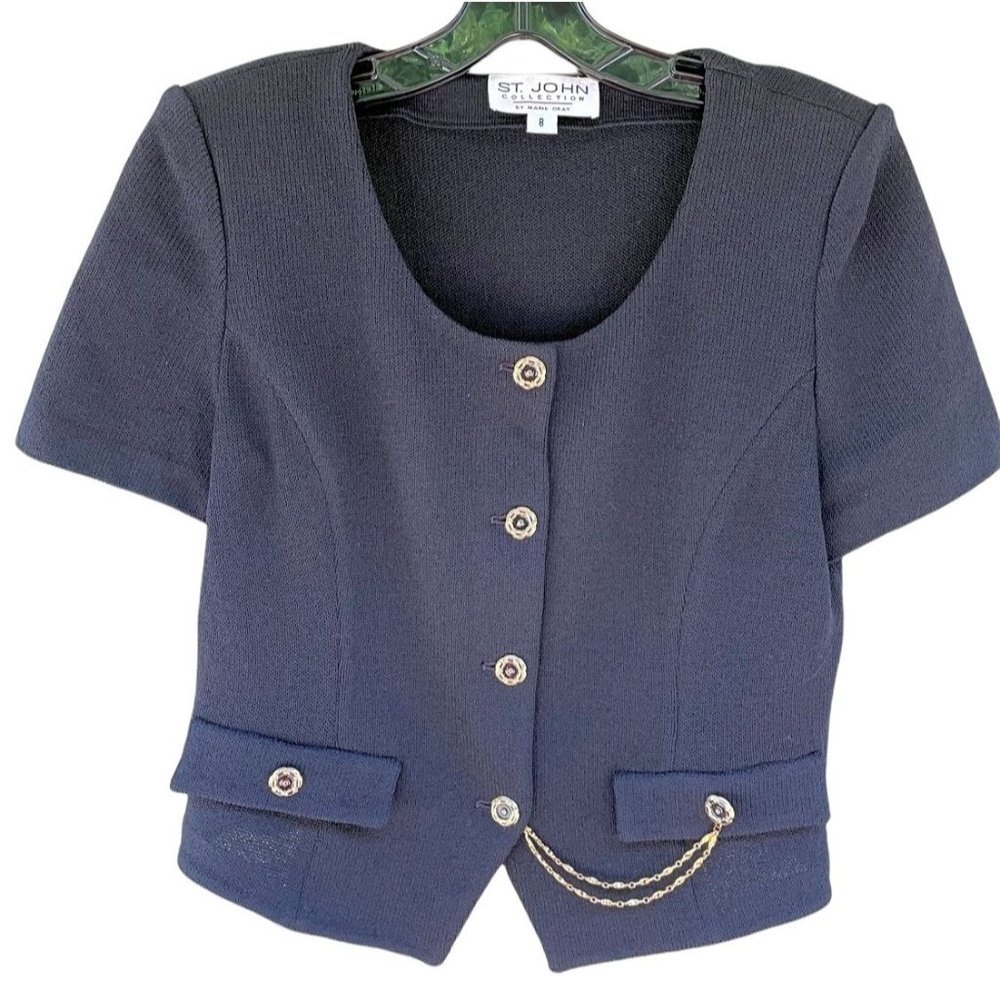 St. John Collection by Marie Gray Knit Short Sleeve Button-up Blouse Gold Chain